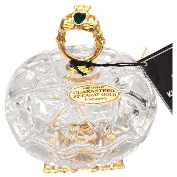 Killarney Crystal Ireland 22K Gold Trinket Dish w/ Emerald Heart Claddagh Accent - Picture 11 of 16